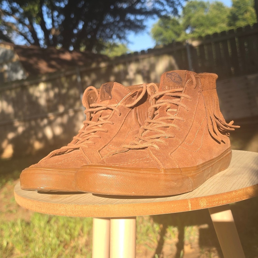 Vans Sk8-Hi Moccasin Fringe Brown Suede High Top Sneakers Tobacco Gum Sole